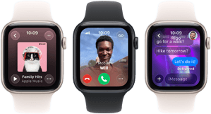 Three Apple Watch SE 3 devices next to each other, one showing the Apple Music app, one showing an incoming phone call, and one showing an iMessage exchange