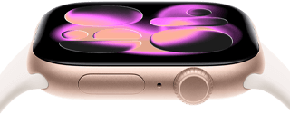 Apple Watch Series 11, aluminum rose gold case, Responsive Art watch face, right side exterior: Digital Crown, microphone, side button, light blush Sport Band