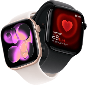 Apple Watch Series 11, aluminum rose gold, Responsive Art watch face, right side exterior: Digital Crown, microphone, side button, light blush Sport Band, Apple Watch Series 11, aluminum jet black, Heart Rate app, current beats per minute, right side exterior: Digital Crown, black Sport Band