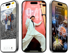 3 iPhone 17 Pro models, front exterior, side by side, demonstrating iOS 26, liquid glass affect and Apple Intelligence feature