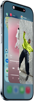 iPhone Air, front exterior, side exterior, thin profile, Dynamic Island centered near top, App Switcher feature in use, buttons: Action, volume