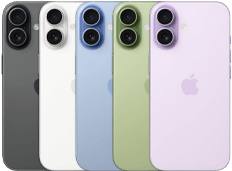 iPhone 17, exterior rear, Fusion dual-camera system, all five colors overlapping: Black, White, Mist Blue, Sage, and Lavender
