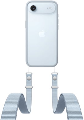 iPhone Air, back exterior, Sky Blue color, Fusion camera system near top, centered Apple logo, Crossbody Strap with Bumper in light gray color attached