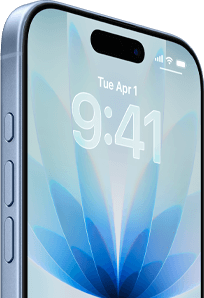 iPhone 17, exterior front, Blue Mist color, Dynamic island centered, buttons: action button, volume