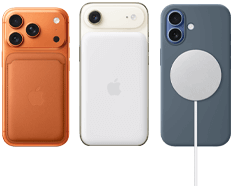 iPhone 17 Pro, back exterior, Cosmic Orange color, FineWoven Wallet with MagSafe in Fox Orange color; iPhone Air, back exterior, Light Gold color, with Magsafe Battery; iPhone 17, back exterior, Mist Blue color, with Silicone Case in Anchor Blue color and MagSafe Charger