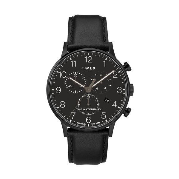 Timex Waterbury Chronograph Black Leather Strap Ρολόι Χειρός