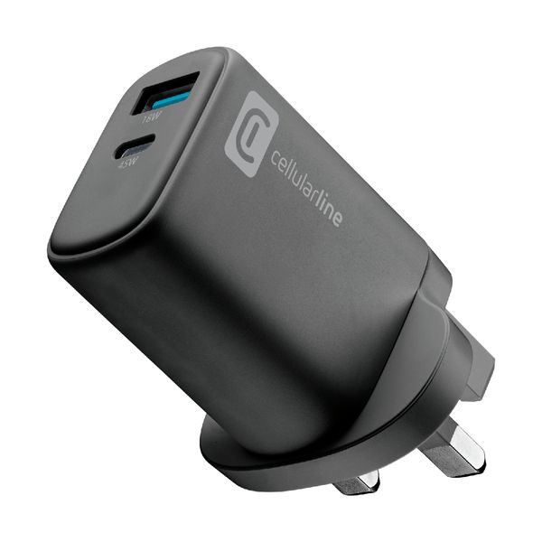 Cellular Line Dual GaN USB-C 45W Black UK Φορτιστής