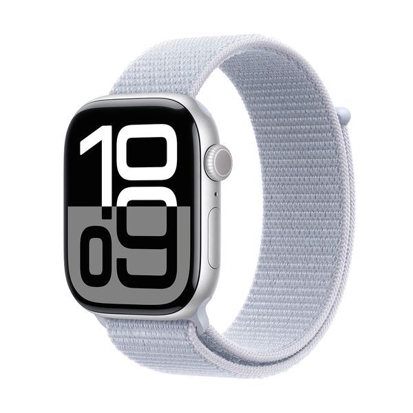 Apple Watch Series 10 GPS + Cellular 46mm Silver Aluminium Case with Blue Cloud Sport Loop SmartWatch