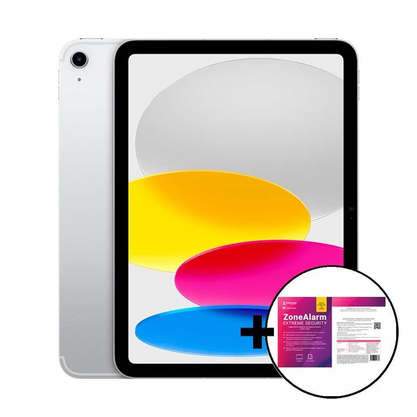 Apple iPad 10.9&quot 10th Gen Cellular 64GB Silver &amp ZoneAlarm Extreme Security Tablet