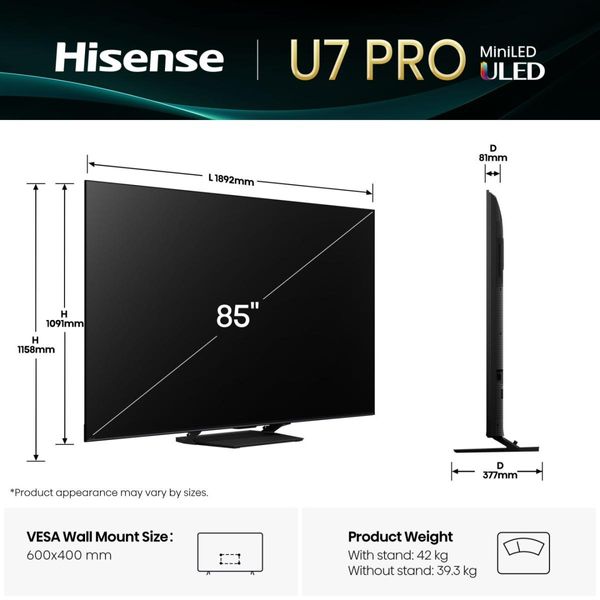 Hisense Mini-LED 85U7Q Pro 85'' Τηλεόραση Smart 4K
