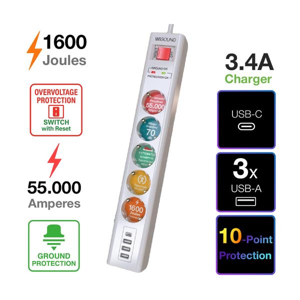 WiSound SU1600-531R 5 Θέσεων 3x USB-A 1x USB-C Πολύπριζο Ασφαλείας