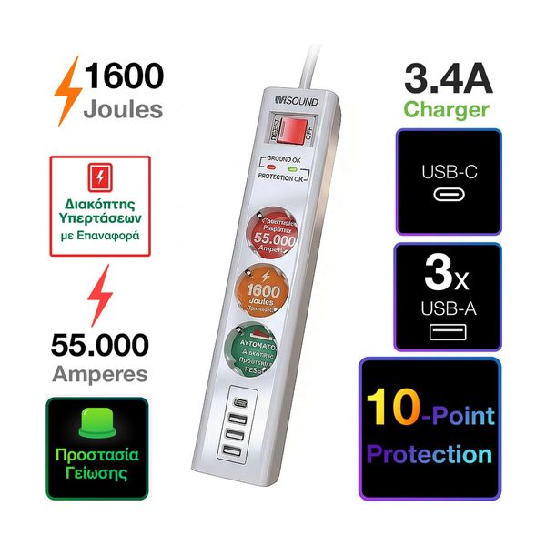 WiSound SU1600-331R 3 Θέσεων 3x USB-A & 1x USB-C Πολύπριζο Ασφαλείας